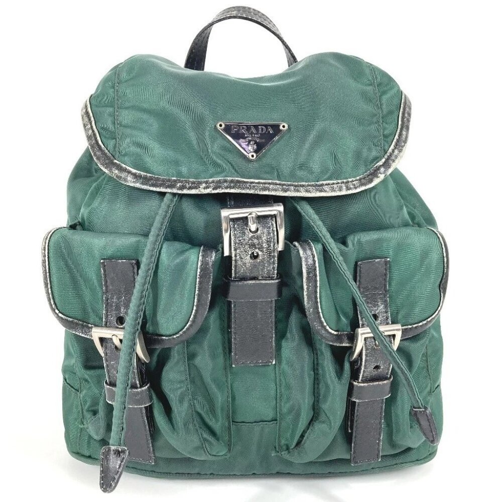 PRADA Bicolor triangle logo Backpack Leather / Nylon Green/Black